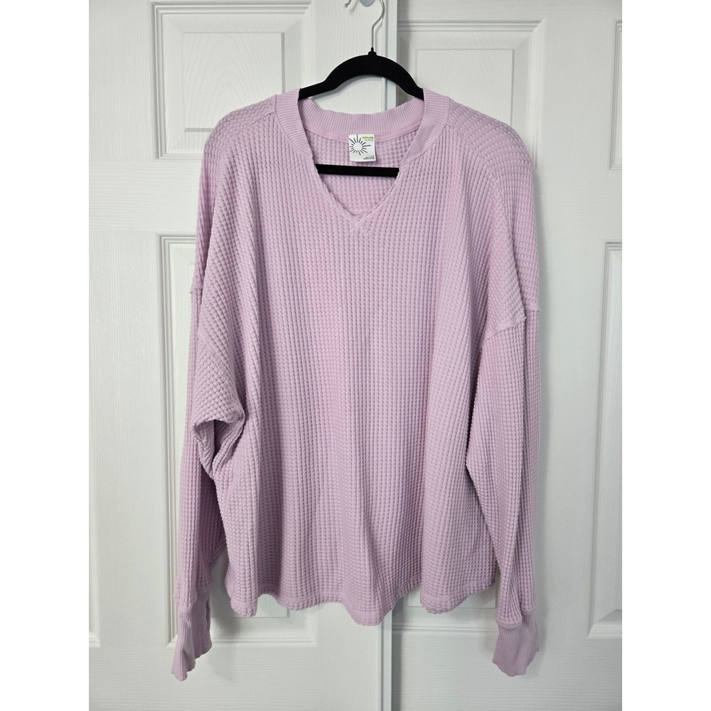 Offline by Aerie Lavender Waffle Knit V-Neck Sweatshirt Thumbholes Pink Large